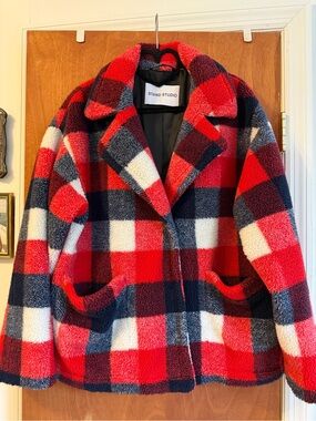 Stand Studio Red Navy White Plaid Teddy Jacket